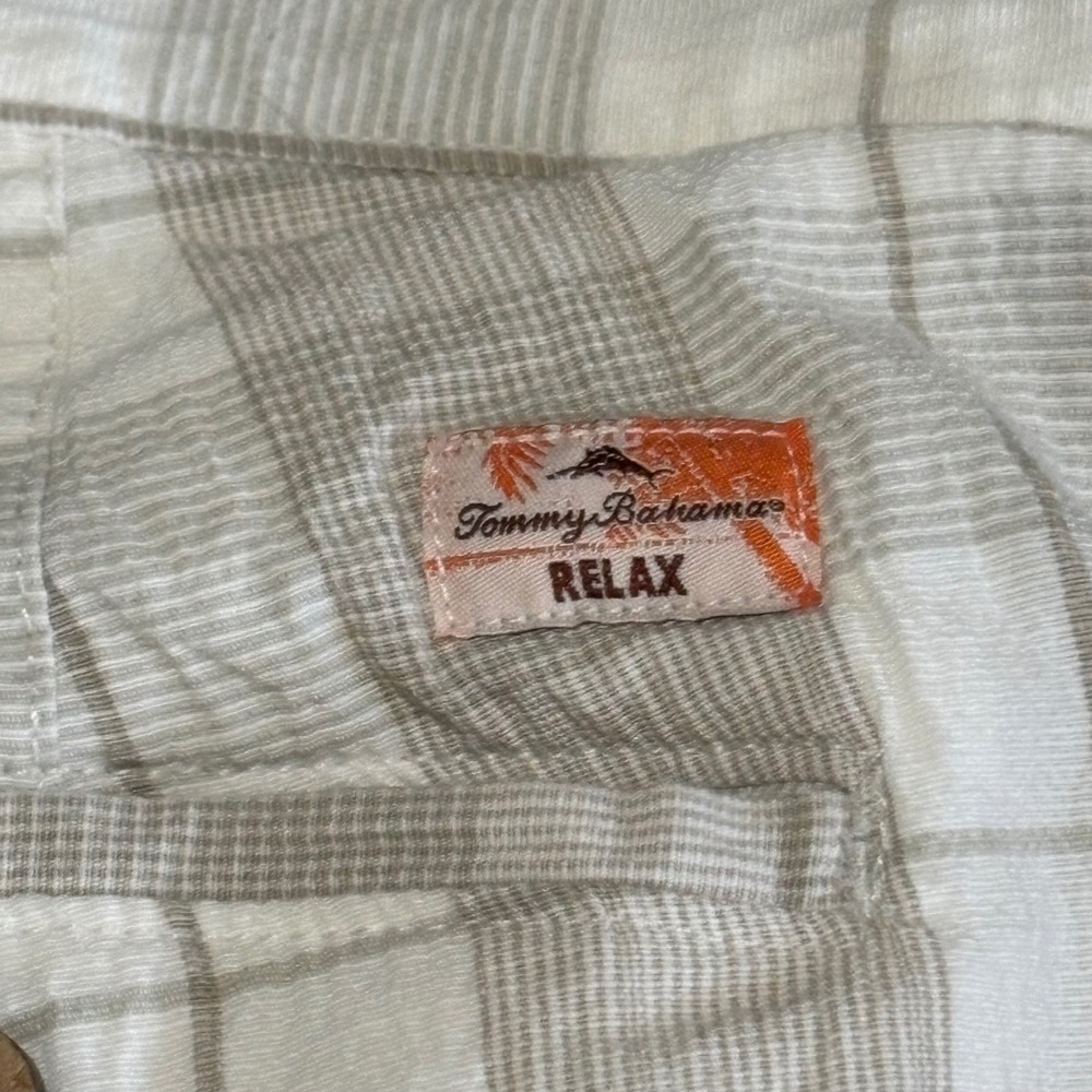 Tommy Bahama Relax Mens 40 Plaid Shorts White Tan Tencel Cotton Blend Stretch - Picture 3 of 5